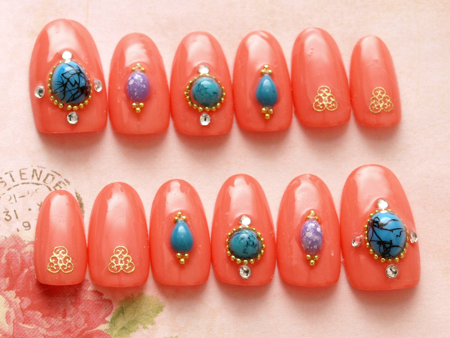 Press On Nail Art
 Oval nail cute nails press on nail ethnic nail art orange