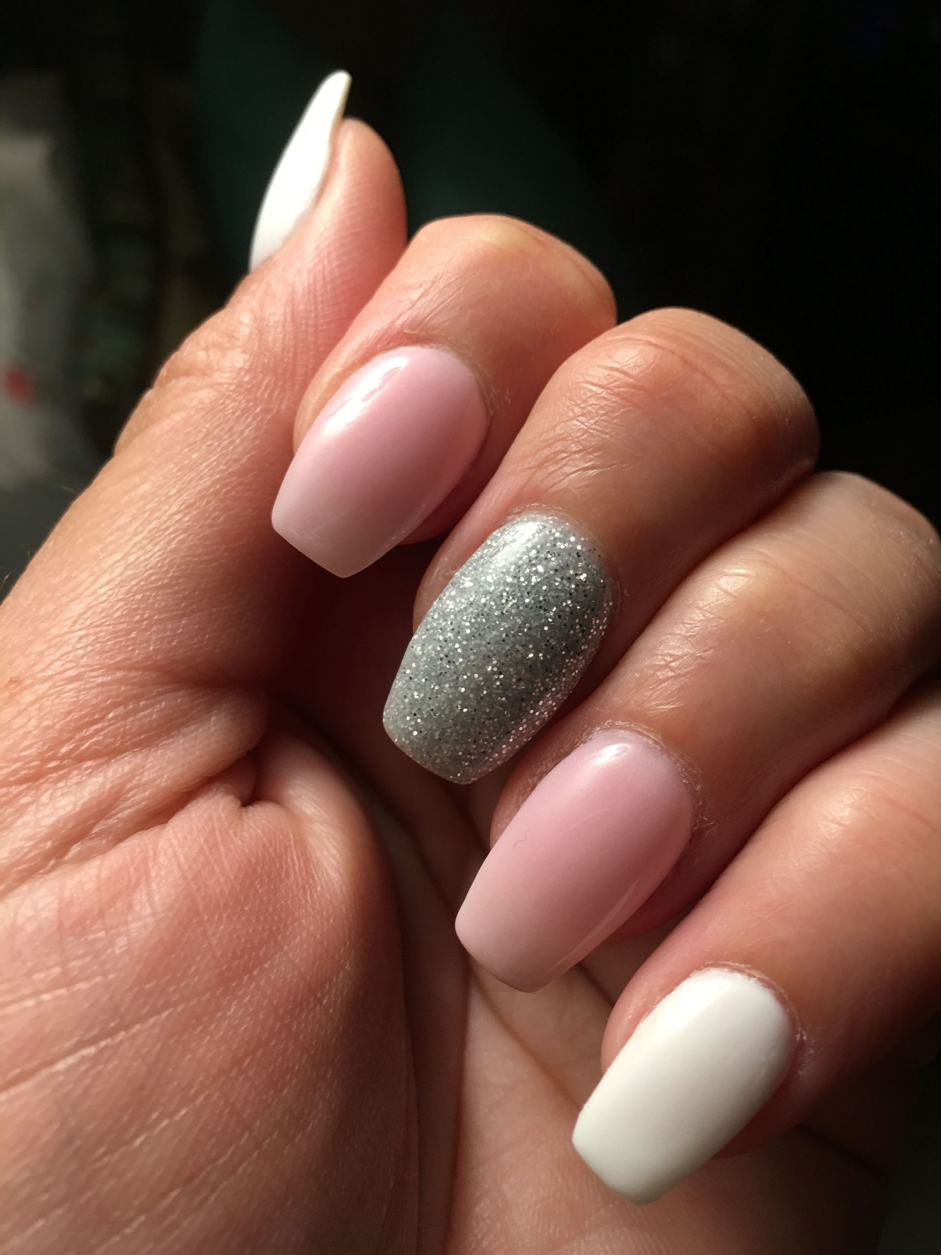 Pretty Nails New Albany
 NexGen Pink White & silver Glitter Coffin Nails