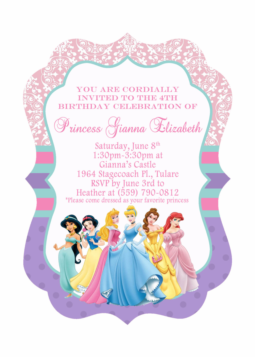 Princess Birthday Invitations
 5x7 Ornate Disney Princess Birthday Invitation Front & Back