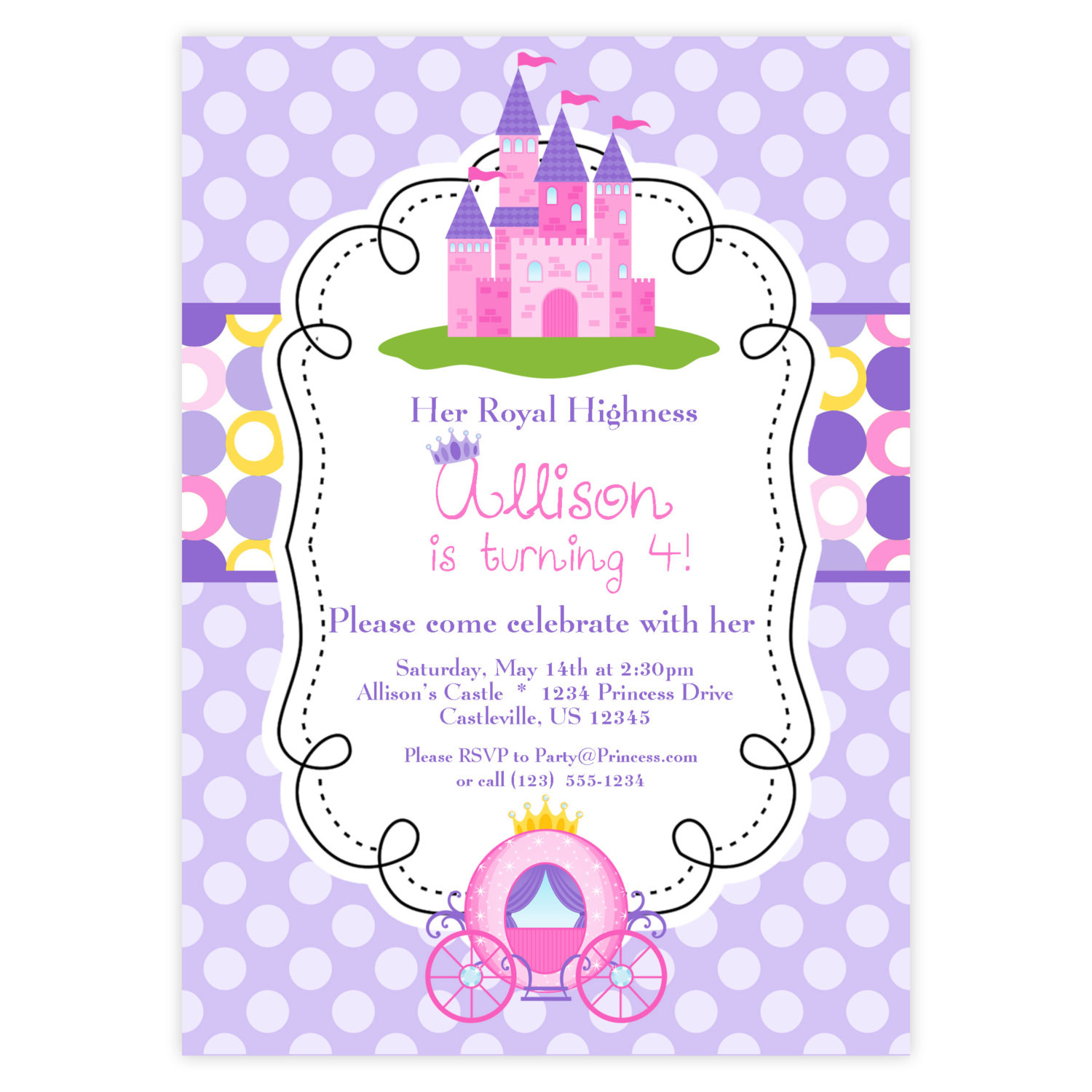 Princess Birthday Invitations
 Princess Invitation Purple and Pink Polka Dots Royal