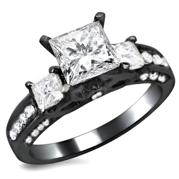 Princess Cut Black Diamond Engagement Rings
 14k Black Gold 1 1 2ct TDW Certified 3 stone Enhanced