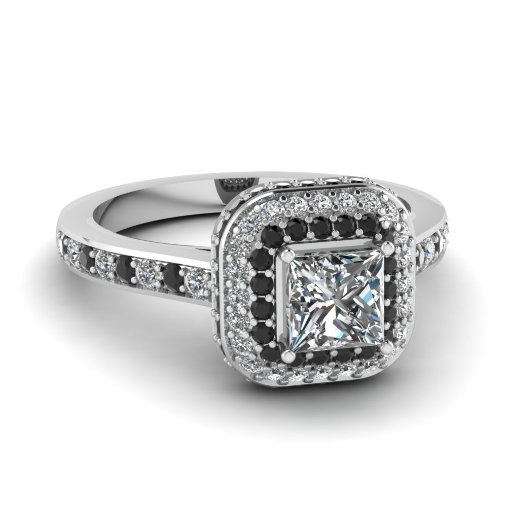 Princess Cut Black Diamond Engagement Rings
 Halo Princess Cut Crown Engagement Ring With Black Diamond