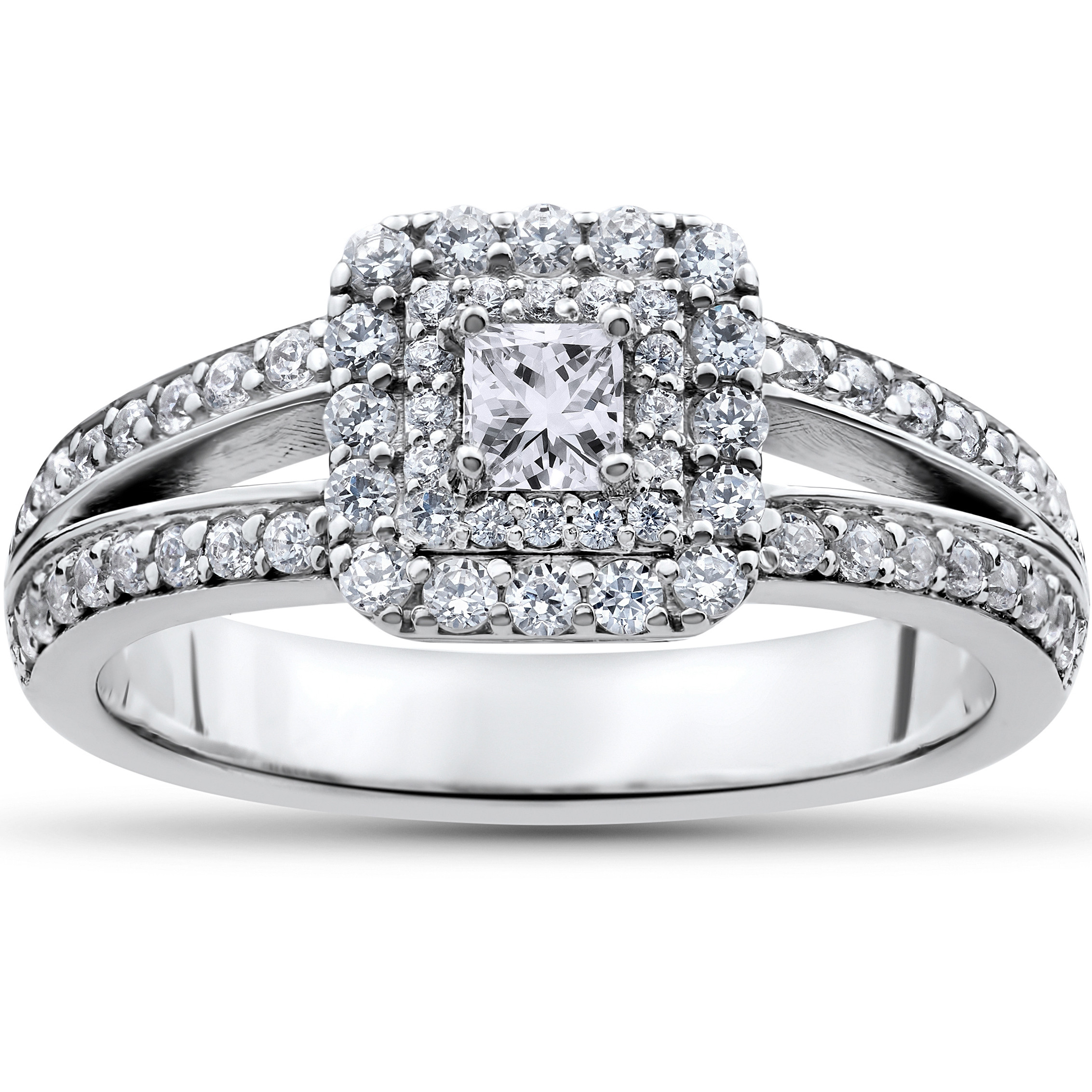 Princess Cut Halo Diamond Engagement Rings
 1 ct Princess Cut Diamond Double Halo Engagement Ring 14k
