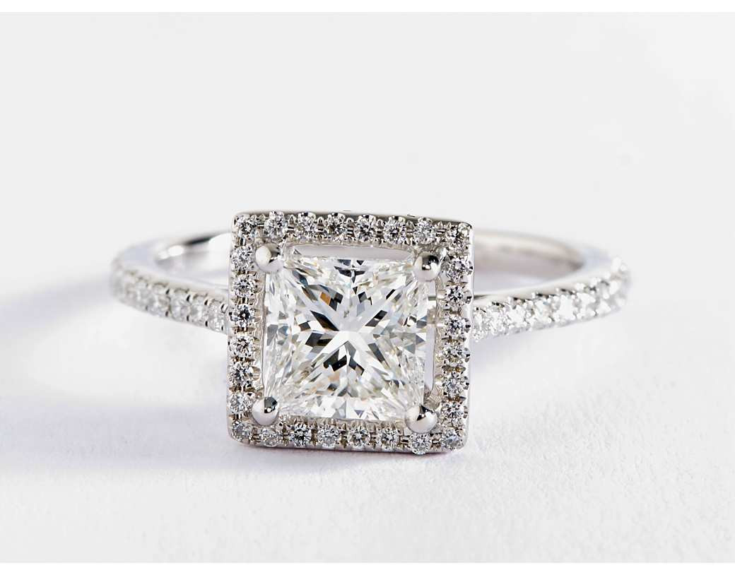 Princess Cut With Halo Engagement Rings
 Princess Cut Floating Halo Diamond Engagement Ring in 14k