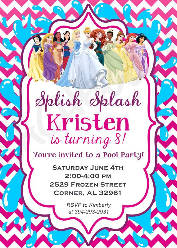 Princess Pool Party Ideas
 Disney Princess Pool Party Birthday invitation by