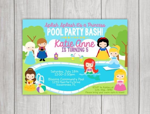 Princess Pool Party Ideas
 Princess Pool Party Birthday Invitation by Little Rainbow