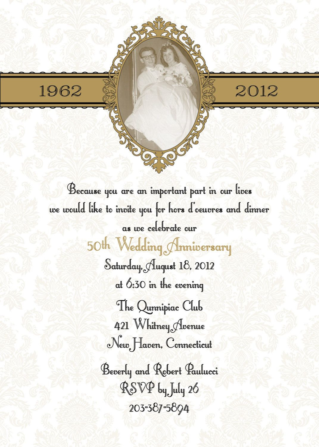 Printable 50th Wedding Anniversary Invitations
 Damask 50th or 25th anniversary wedding invitation DIY