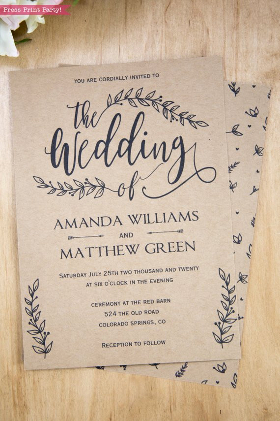 Printable Rustic Wedding Invitations
 Rustic Wedding Invitation Template Leaf Design Press