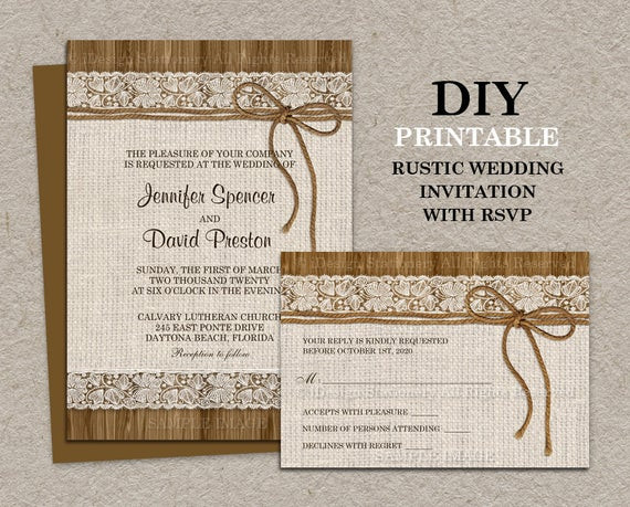 Printable Rustic Wedding Invitations
 Rustic Wedding Invitation With RSVP Card Printable Burlap