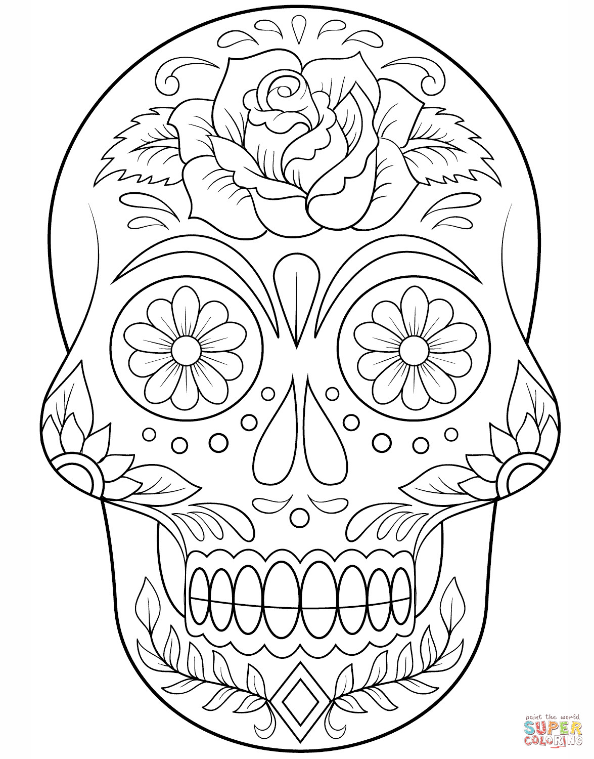 Printable Sugar Skulls Coloring Pages
 Sugar Skull with Flowers coloring page