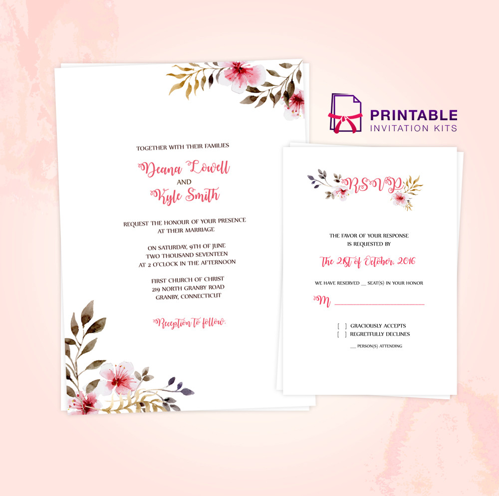 Printable Wedding Invitations Kits
 Clean Delicate Vintage Floral Invitation and RSVP