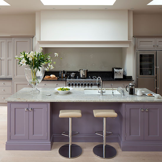 Purple Kitchen Walls
 Glamorous grey and purple kitchen with island