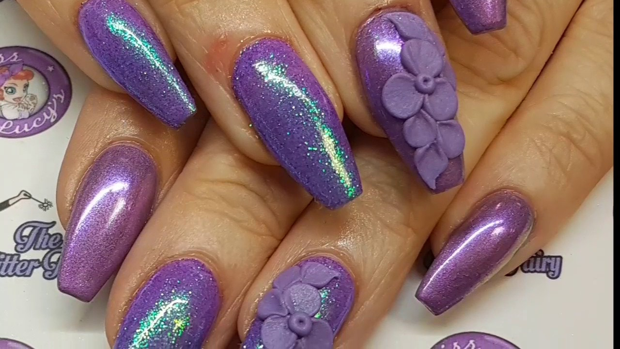 Purple Nails With Glitter
 Purple Acrylic Nails Pigment 3d Flowers Glitter