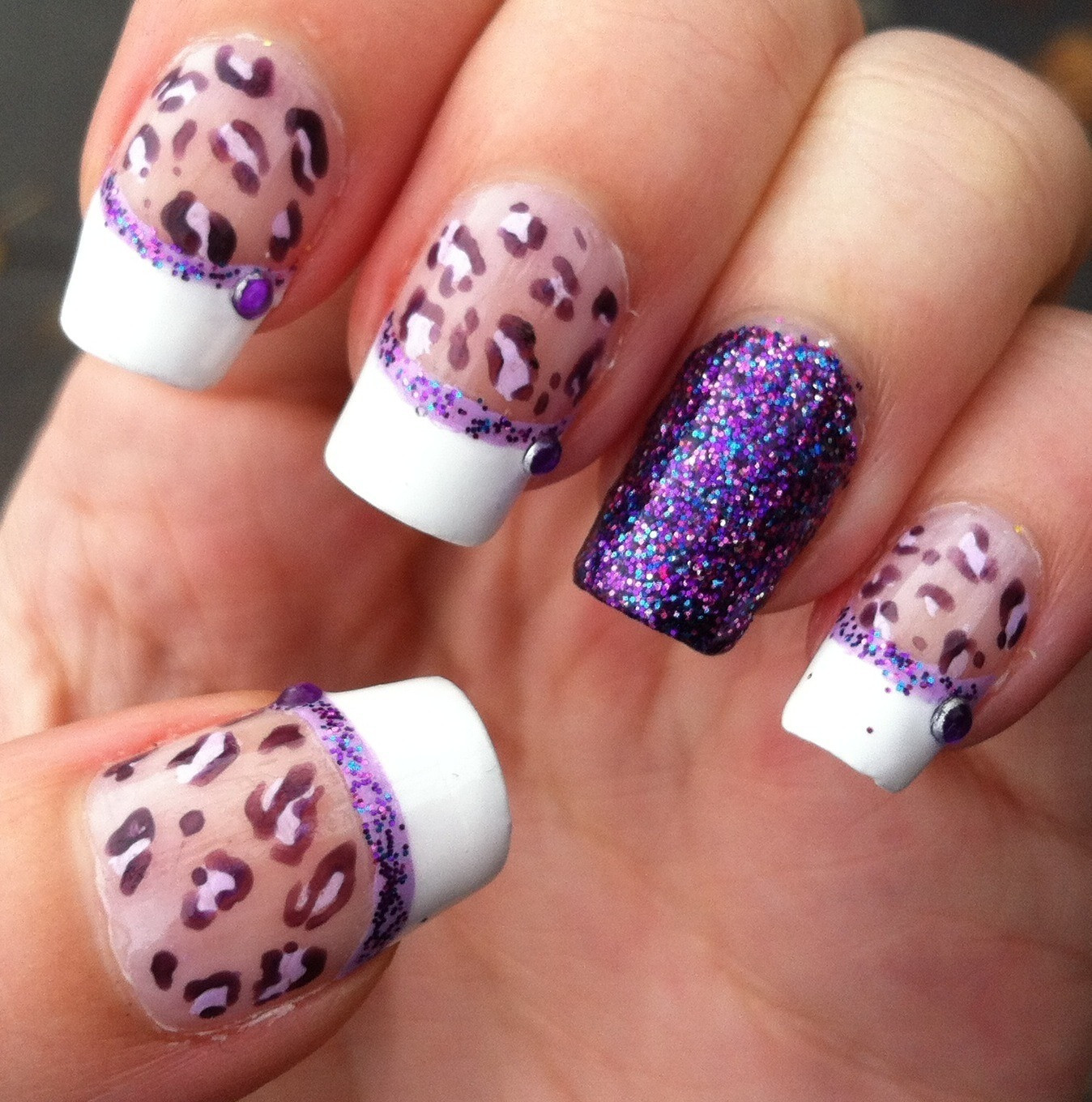 Purple Nails With Glitter
 Nerdy nails Purple Leopard with Glitter