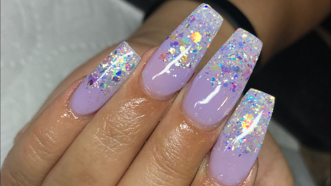 Purple Nails With Glitter
 Pastel purple coffin glitter ombre