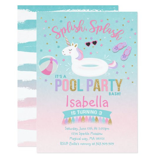 Rainbows And Unicorns Pool Party Ideas
 Unicorn Pool Party Birthday Invitation Pink Gold