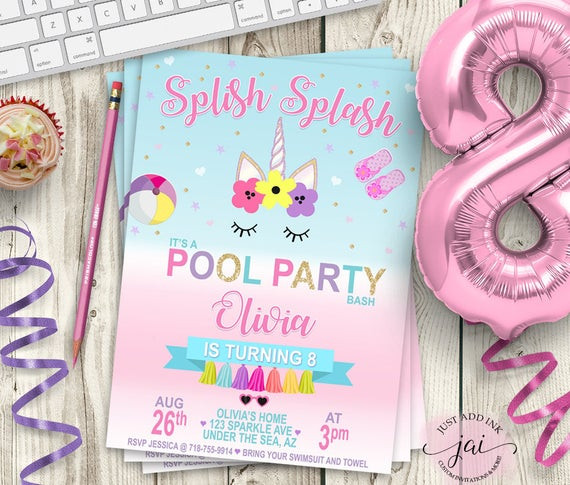 Rainbows And Unicorns Pool Party Ideas
 PRINTABLE Unicorn Pool Party Invitation Unicorn Party