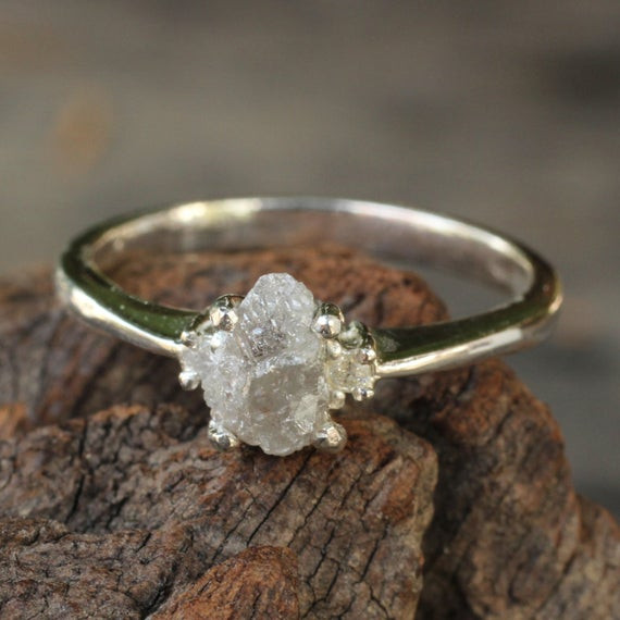 Raw Diamond Engagement Rings
 Rough white diamond engagement ring in sterling silver band