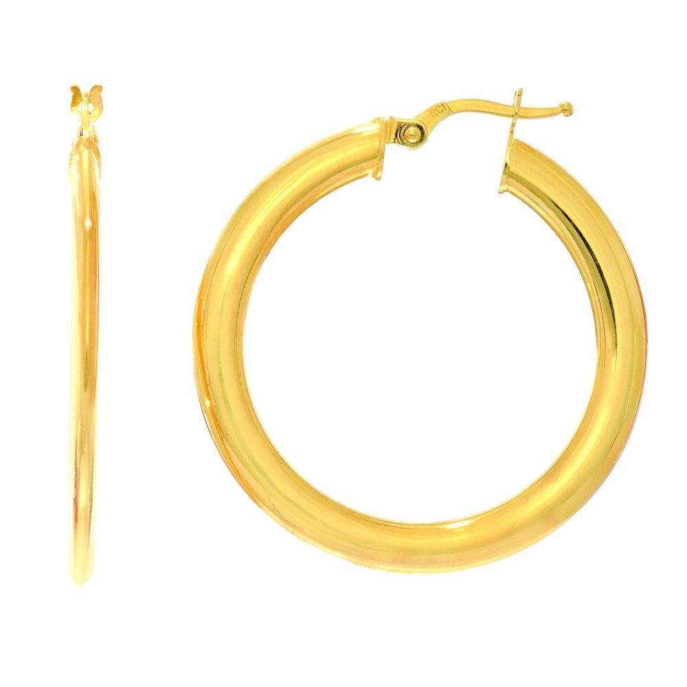 Real Gold Hoop Earrings
 14K Real Yellow Gold Round Flat Shiny Tubular Earrings