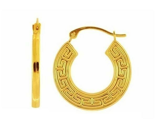 Real Gold Hoop Earrings
 14K Real Yellow Gold Greek Key Hoops Hoop Earrings