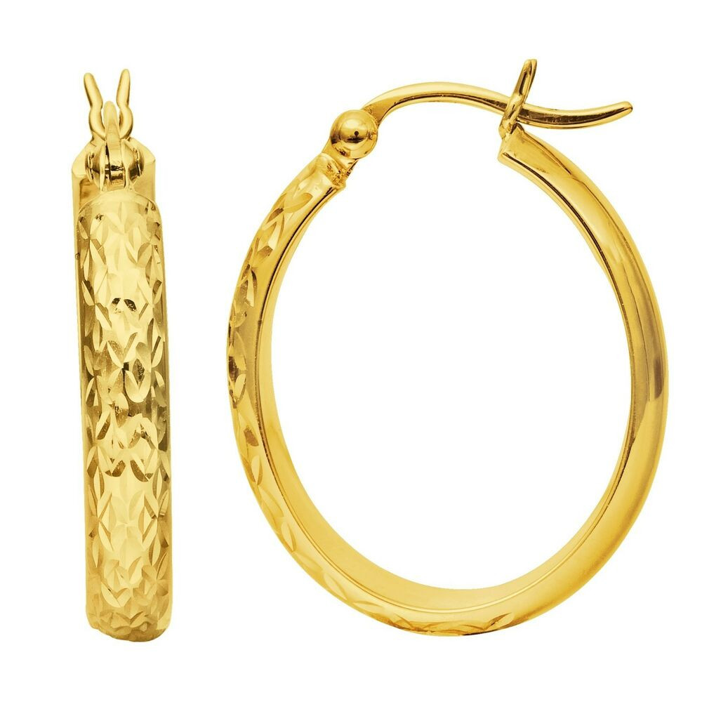 Real Gold Hoop Earrings
 1" Diamond Cut Sparkle Oval Hoop Earrings Real 14K Yellow