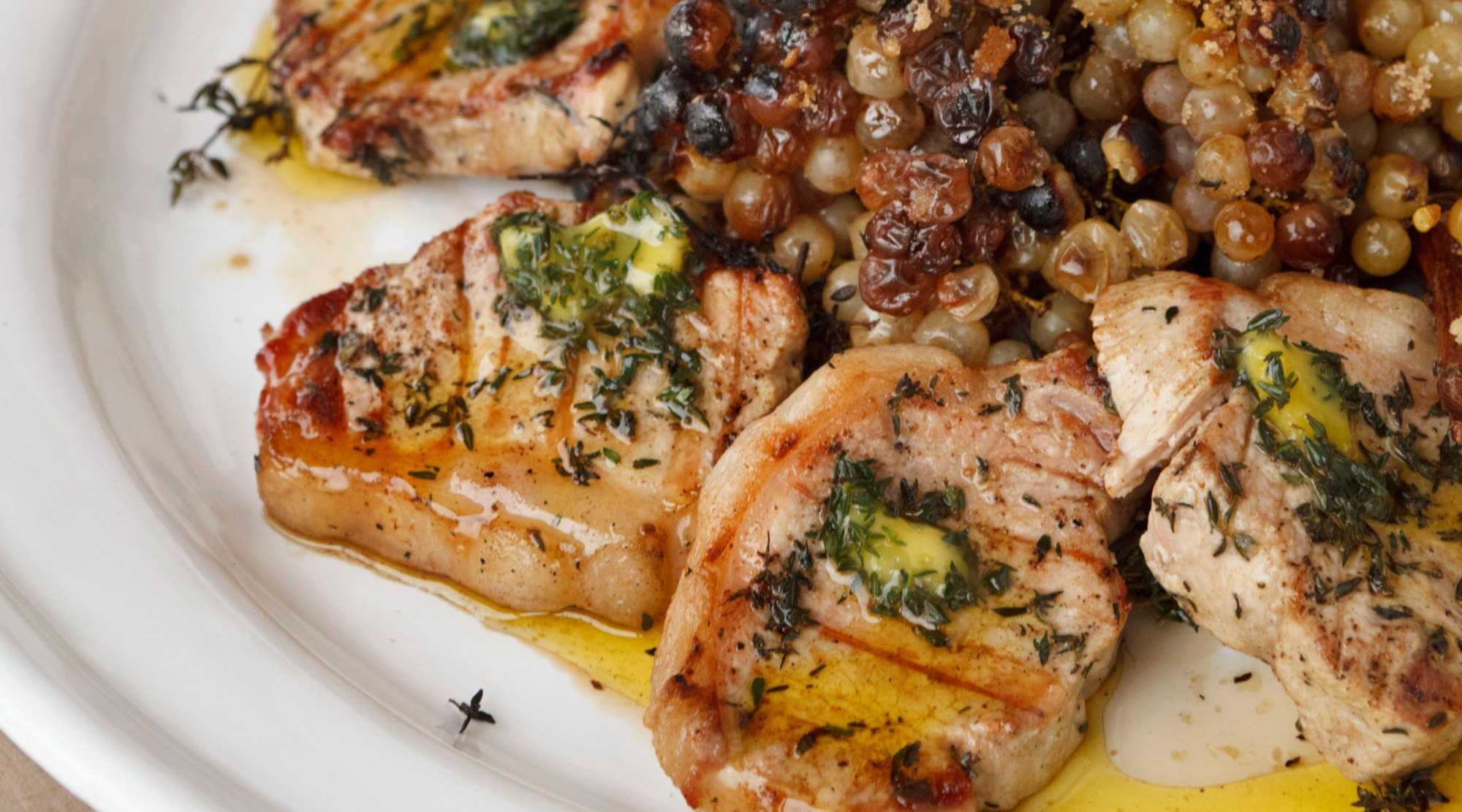 Recipes For Pork Loin Chops
 Pork Loin Chops with Thyme Oil and Roasted Grapes on the