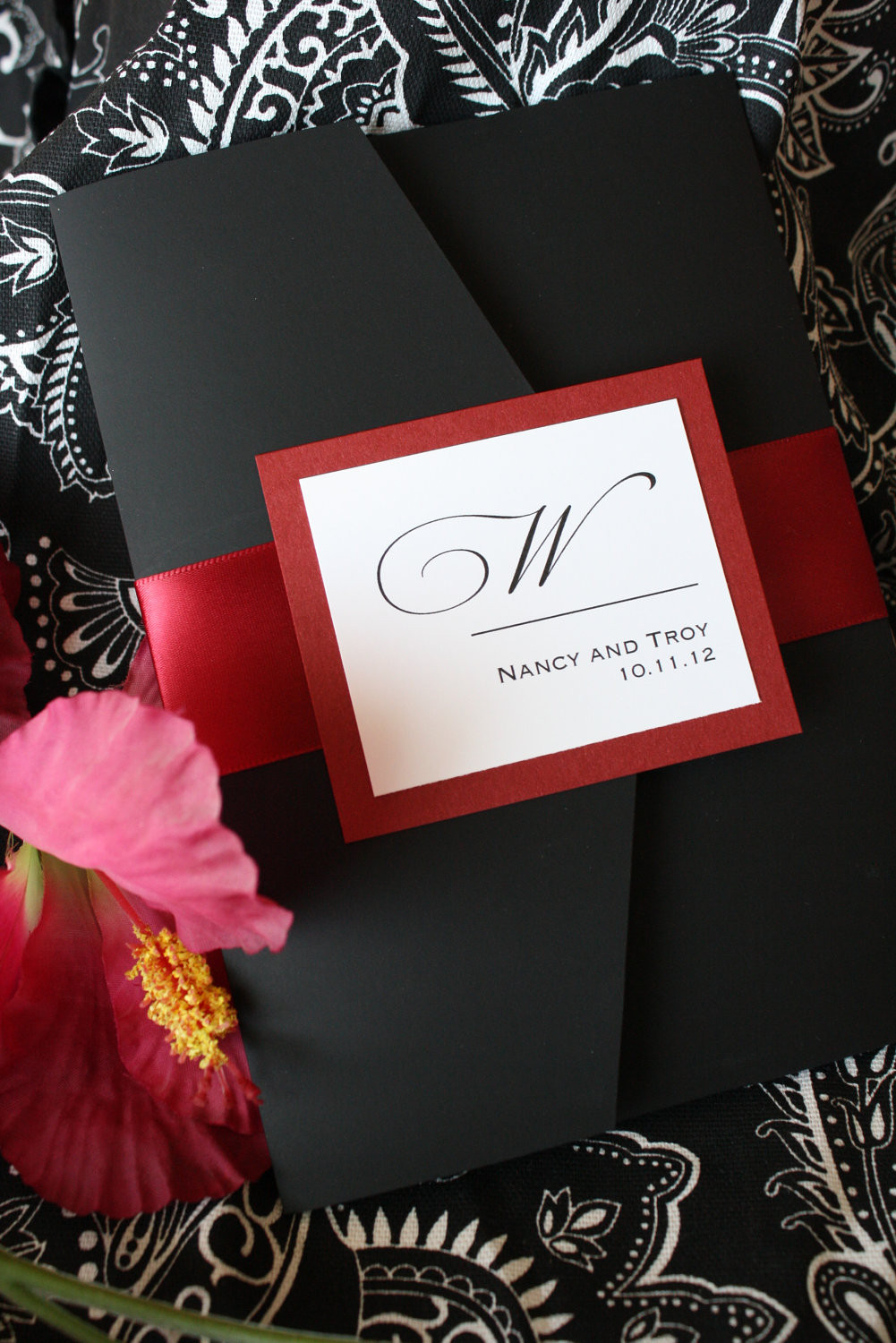 Red And Black Wedding Invitations
 Luscious Ruby Red and Black Noir Pocketfold Wedding Invitation