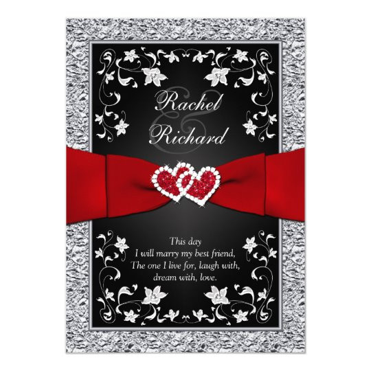 Red And Black Wedding Invitations
 Black Silver Red Hearts Floral Wedding Invitation
