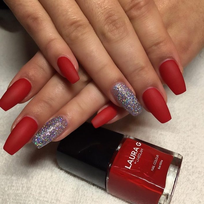 Red And Silver Glitter Nails
 1001 Ideas for Coffin Shaped Nails to Rock This Summer