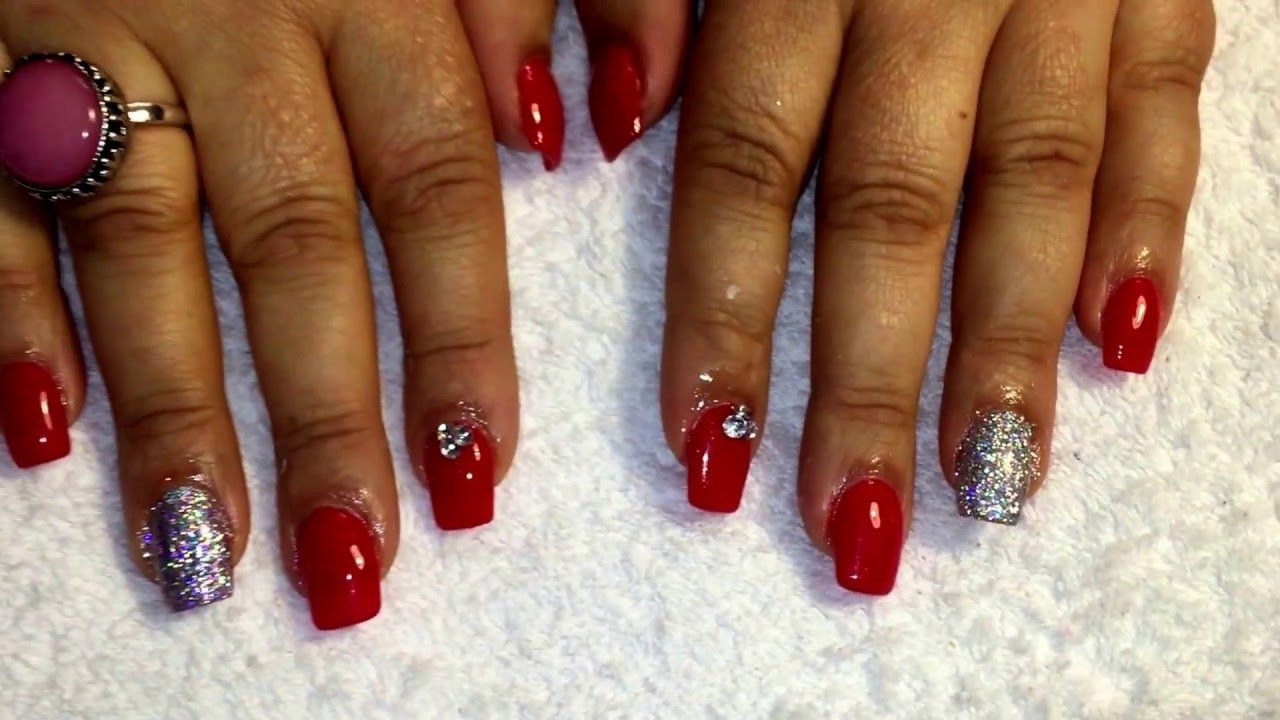 Red And Silver Glitter Nails
 Acrylic nails new set red with silver glitter