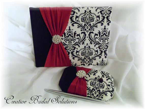Red And White Wedding Guest Book
 Black and White Madison Damask with Red Wedding Guest Book