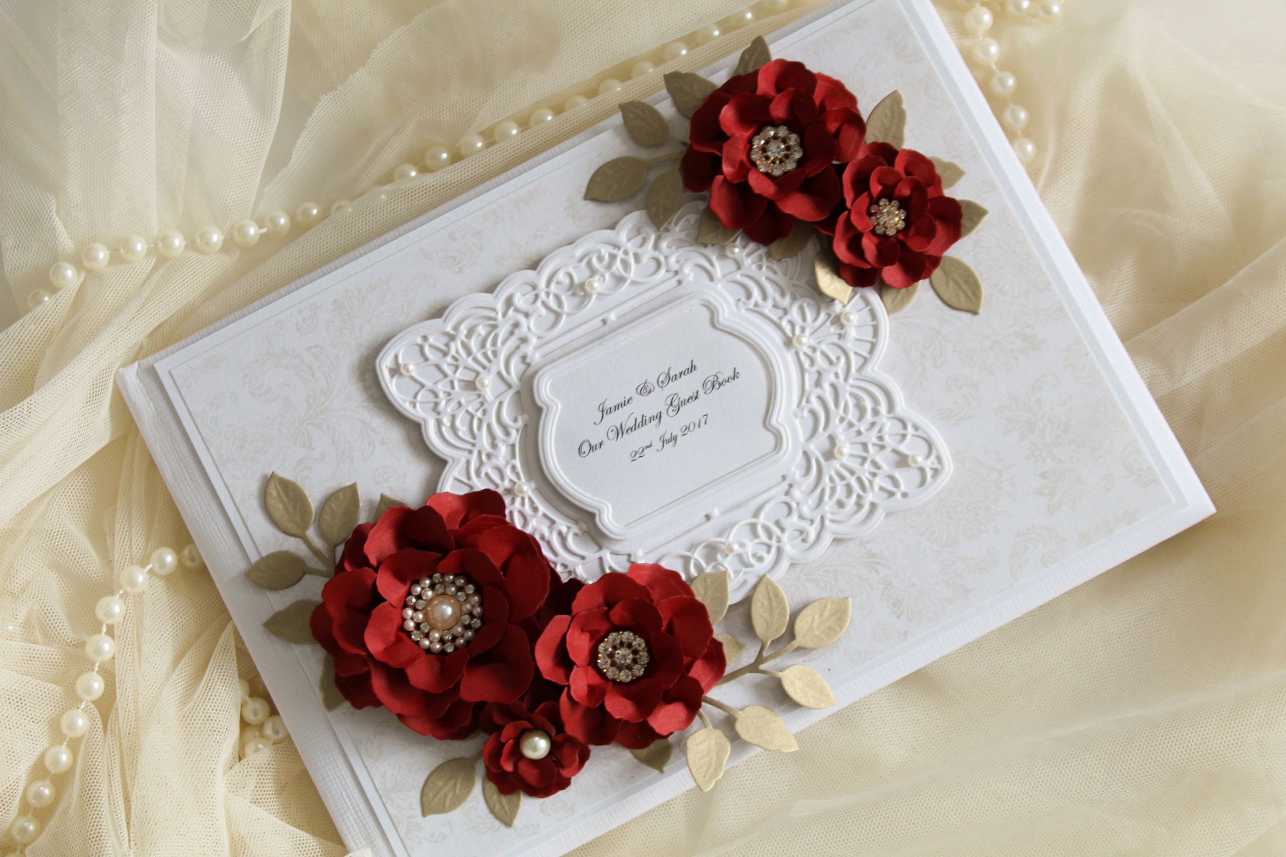 Red And White Wedding Guest Book
 Red wedding guest book lace and pearl style guest book red