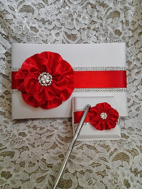 Red And White Wedding Guest Book
 White Satin Wedding Guest Book with Red Flower and Rhinestone