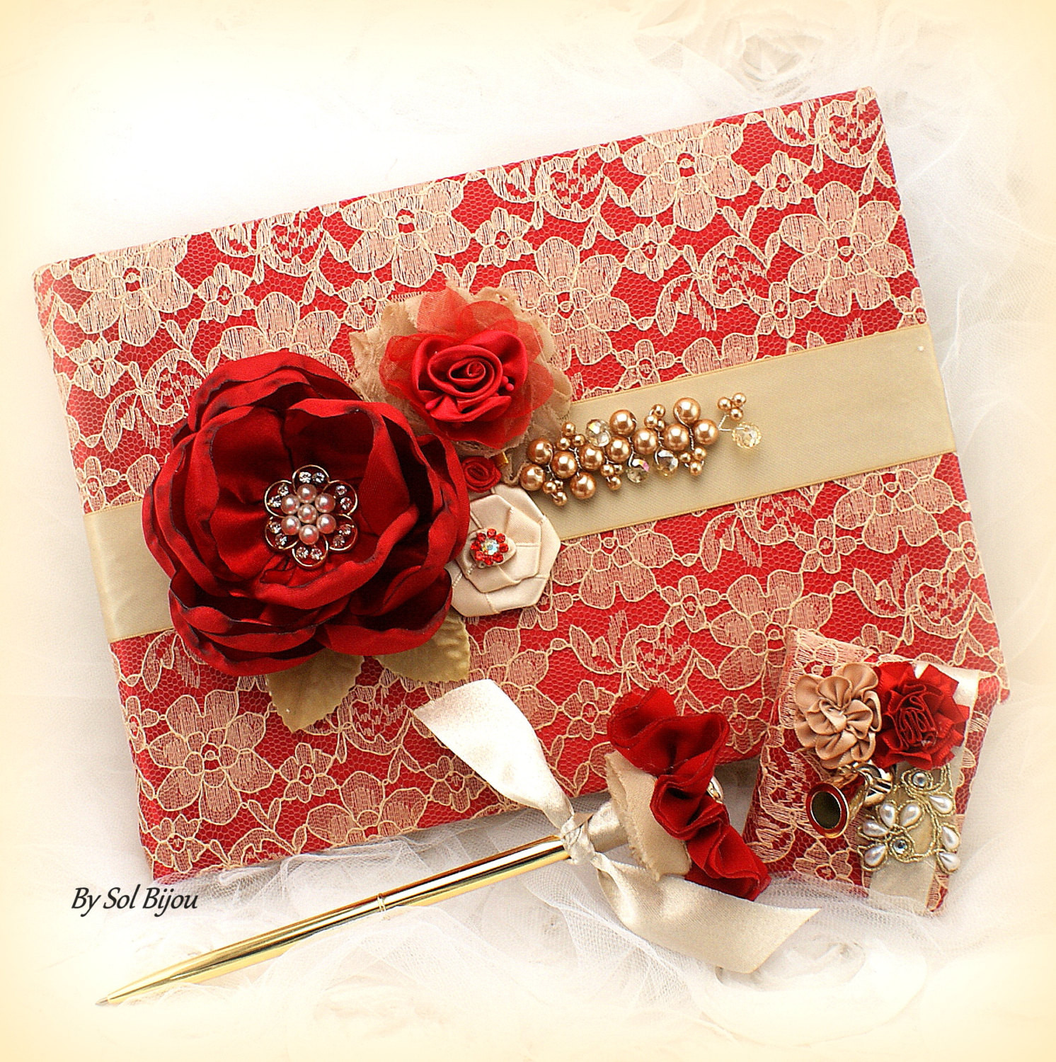Red And White Wedding Guest Book
 Guest Book Red Gold Lace Guest Book Wedding Signature