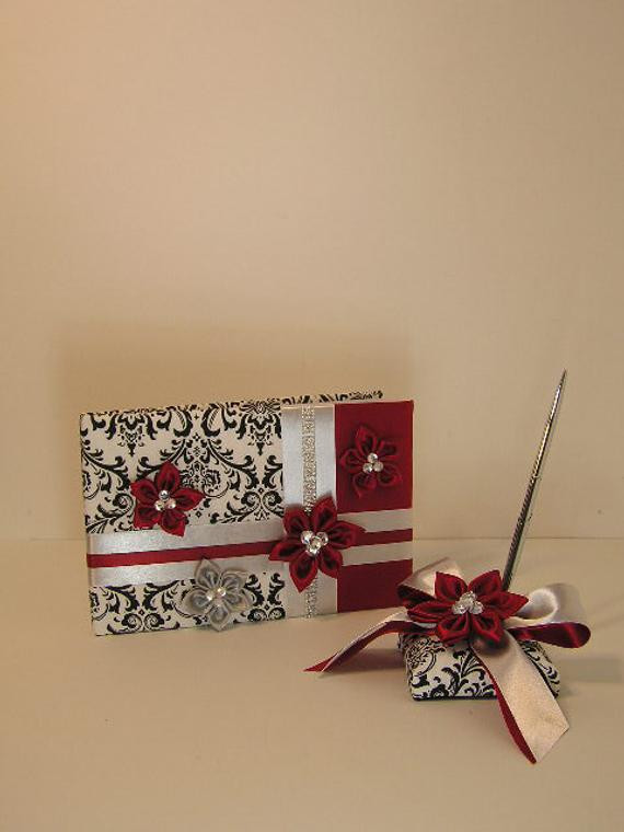 Red And White Wedding Guest Book
 Wedding Guest Book and Pen Set Damask Red and White Custom