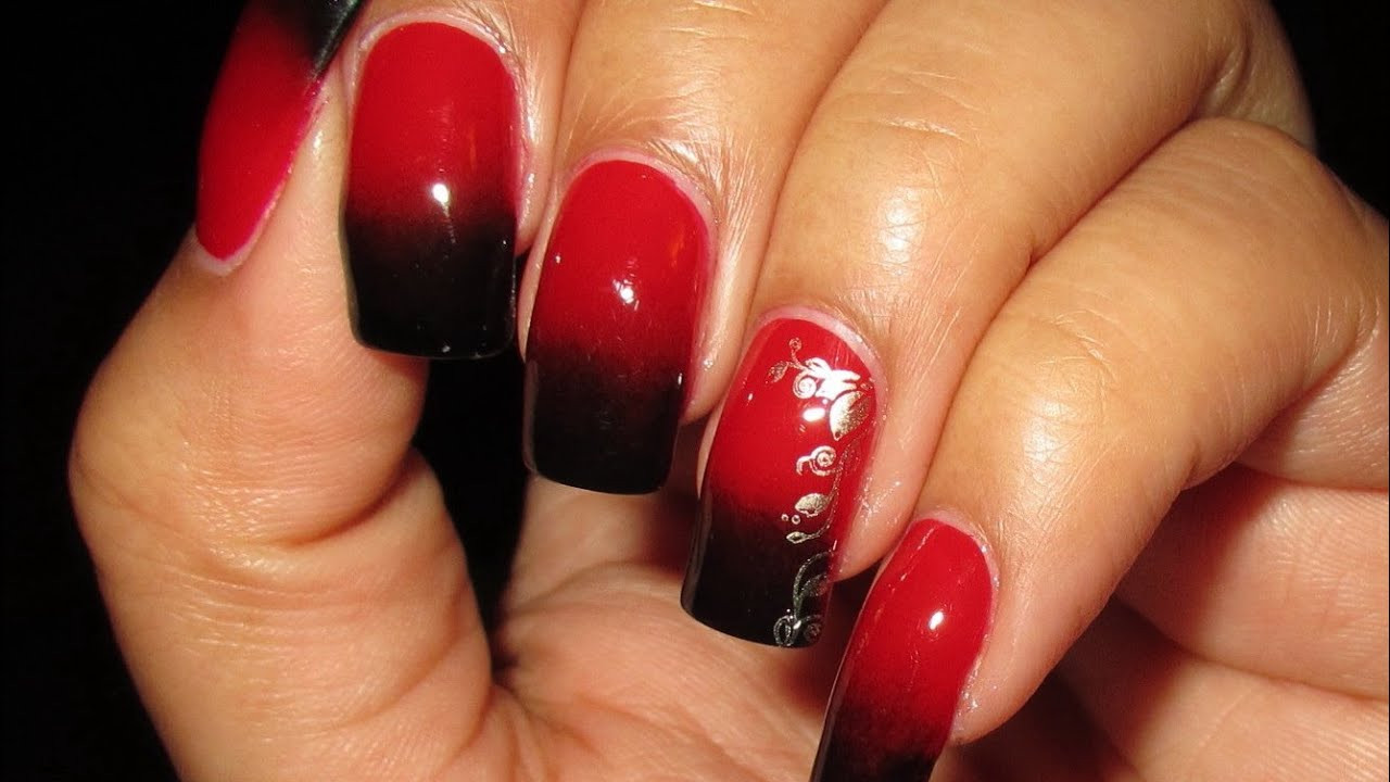 Red Black Nail Designs
 Black & Red Gra nt with Stamped Accent