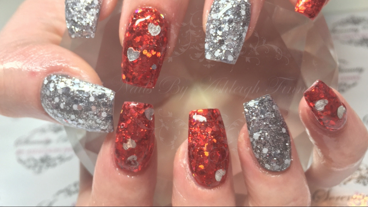 Red Glitter Acrylic Nails
 Red & Silver All Glitter