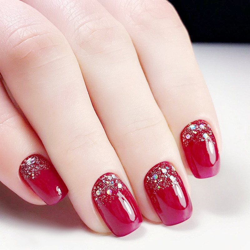 Red Glitter Tip Nails
 Elegant 24pcs set red glitter design finished false nails