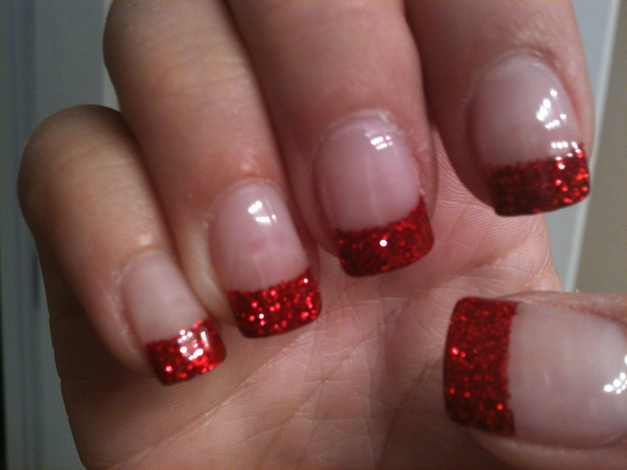 Red Glitter Tip Nails
 Ruby red sparkle nails cute for Christmas too