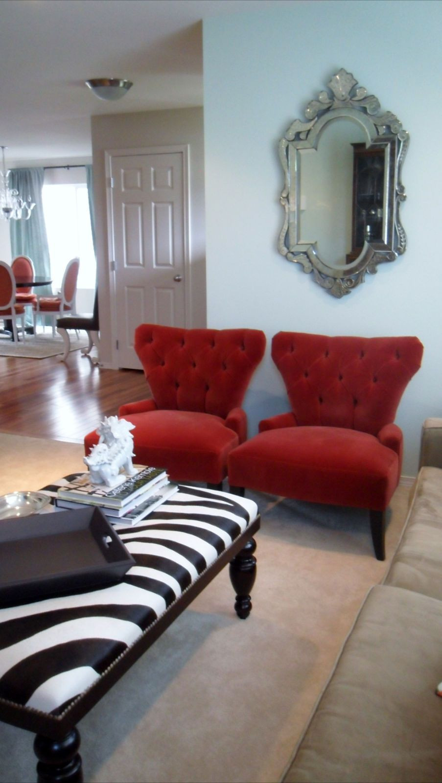 Red Living Room Chair
 living room love the zebra print and red accent chairs