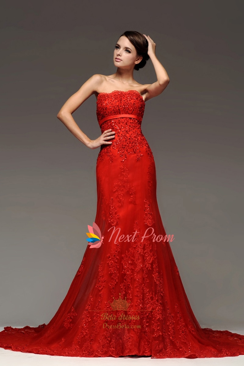 Red Mermaid Wedding Dress
 Strapless Red Mermaid Bridal Gown Chapel Train Appliques