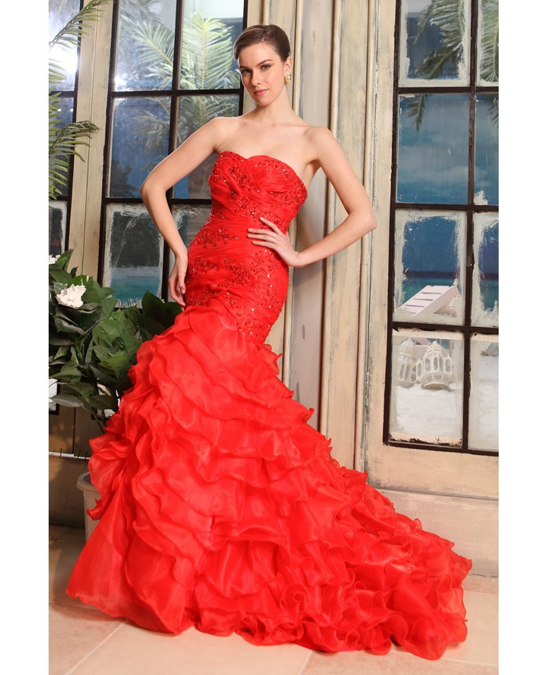Red Mermaid Wedding Dress
 Red Mermaid Sweetheart Sweep Train Tulle Wedding Dress