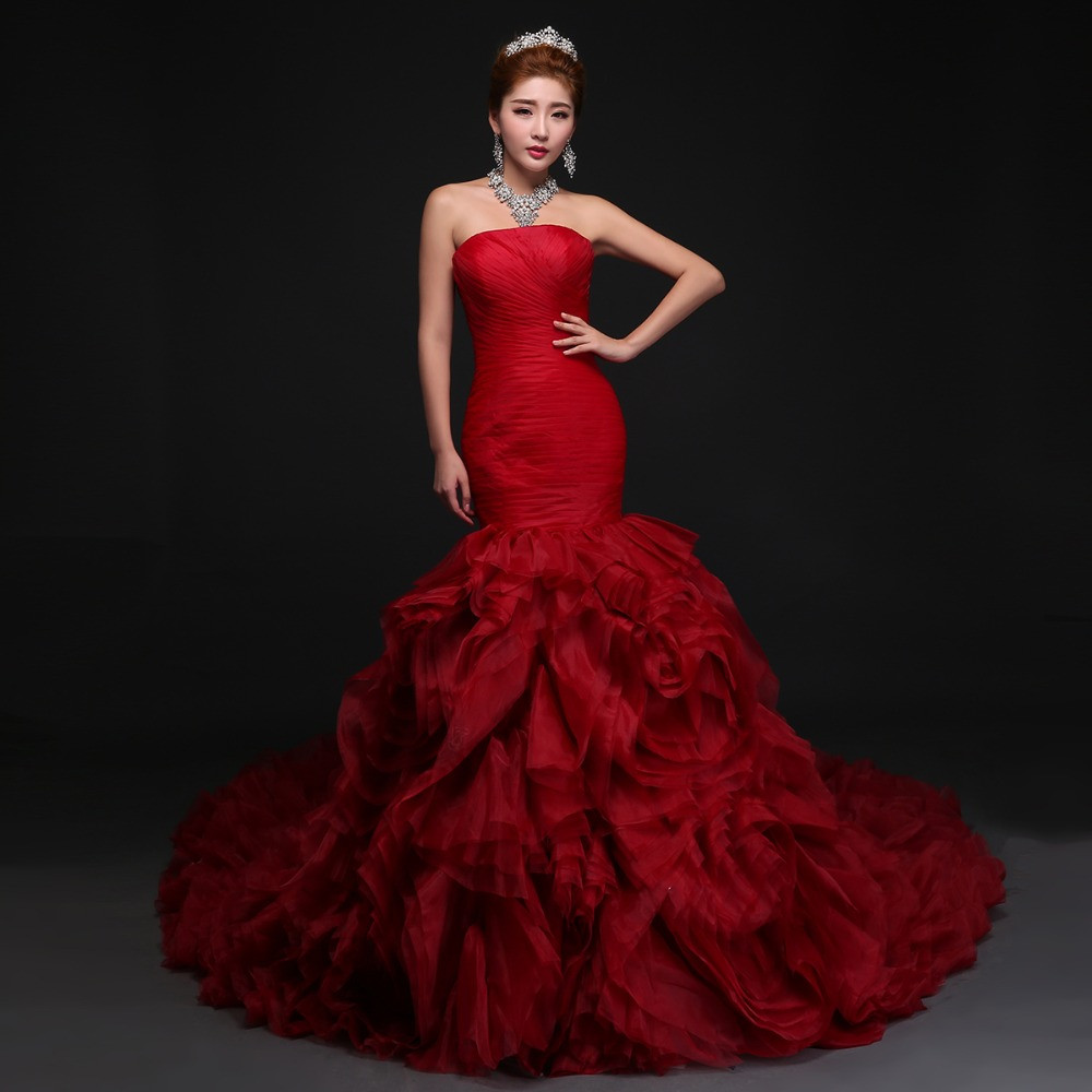 Red Mermaid Wedding Dress
 2016 Romantic Design Red Rose Wedding Dresses Flat