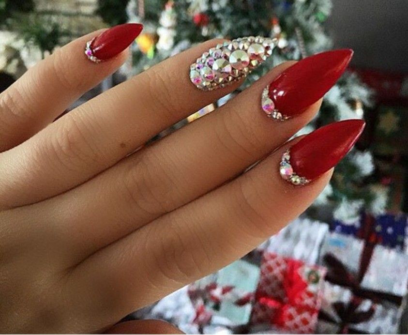 Red Nail Designs With Rhinestones
 Red stiletto nails with rhinestones Nail Art