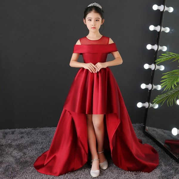 Red Party Dresses For Kids
 Kids model show pianist stage performance long dresses