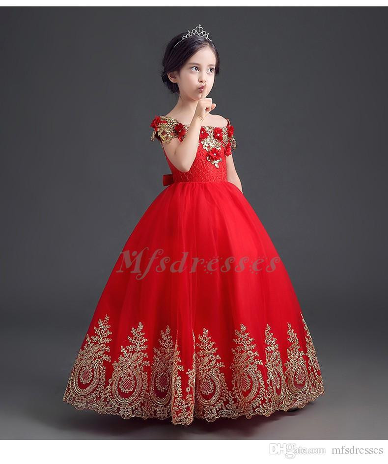 Red Party Dresses For Kids
 2017 Luxury Beading Gold Appliques Ball Gown f The