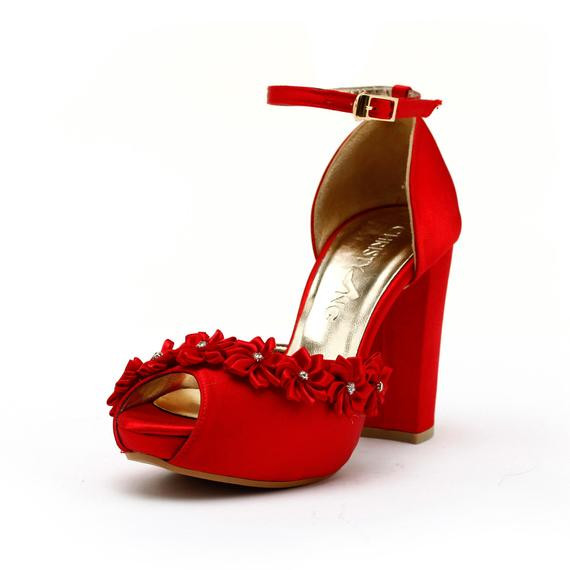 Red Shoes For Wedding
 Items similar to Red Satin Thick Heel Bridal Shoes Red