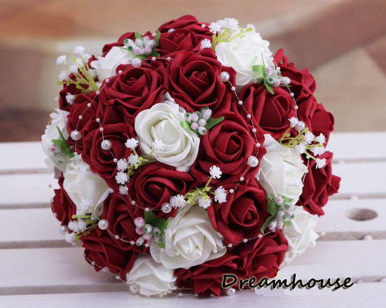 Red Wedding Flowers
 Wedding Bridal Bouquet Wine Red&Ivory Roses W Pearl
