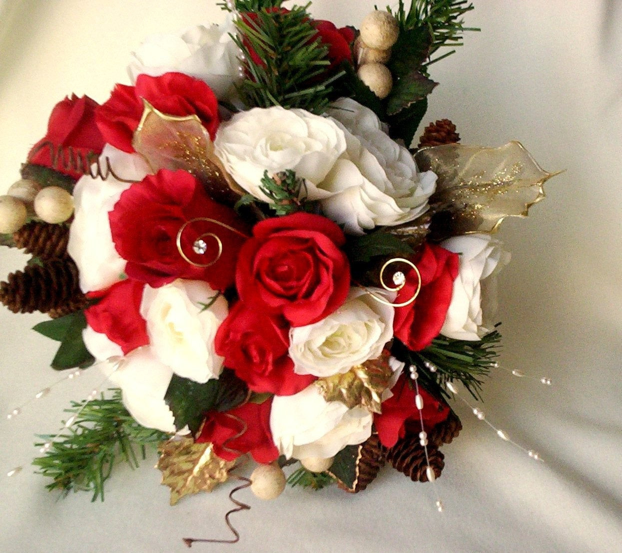 Red Wedding Flowers
 Winter Bridal Bouquet Red Ivory silk wedding flowers pine