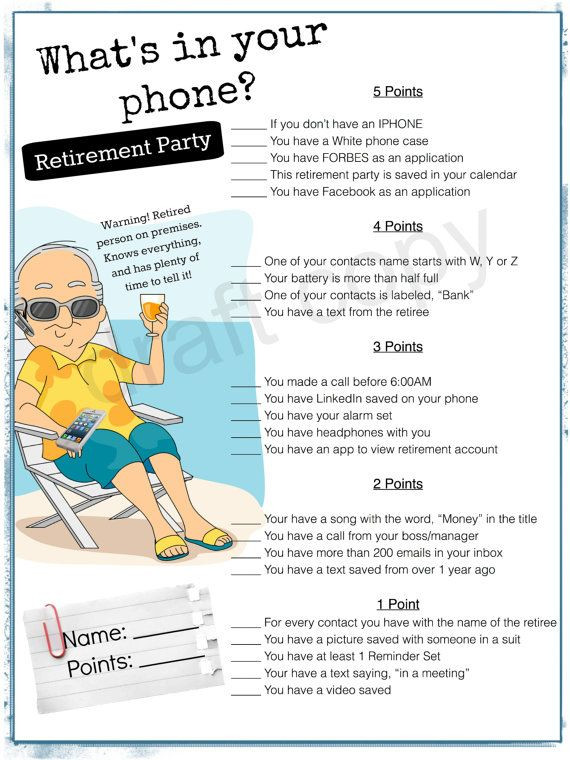 Retirement Party Game Ideas
 Retirement Party Game Whats in your phone by